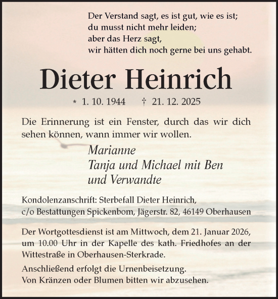 Traueranzeige von Dieter Heinrich von Tageszeitung