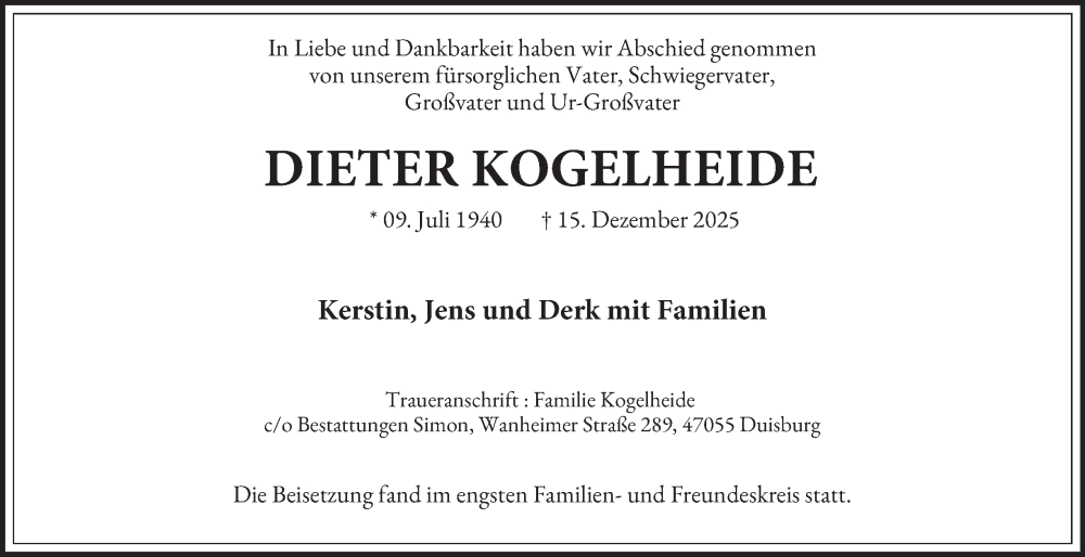  Traueranzeige für Dieter Kogelheide vom 17.01.2026 aus Tageszeitung
