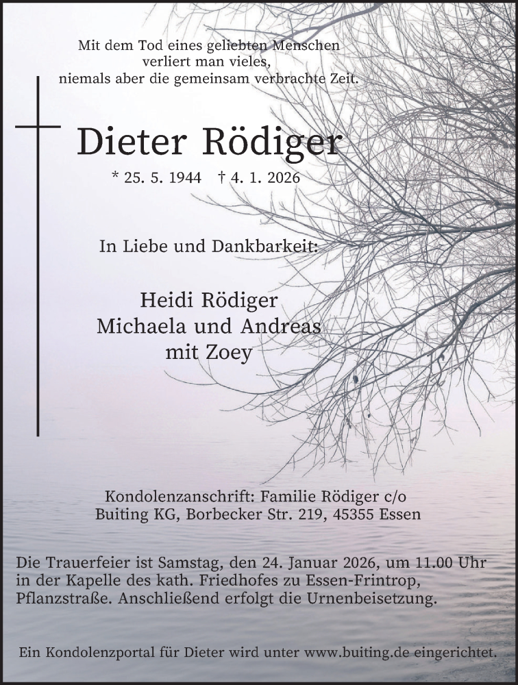  Traueranzeige für Dieter Rödiger vom 10.01.2026 aus Tageszeitung