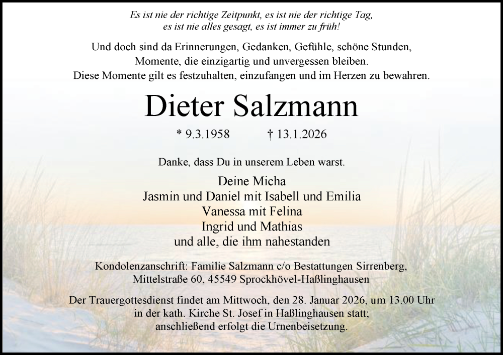  Traueranzeige für Dieter Salzmann vom 24.01.2026 aus Tageszeitung
