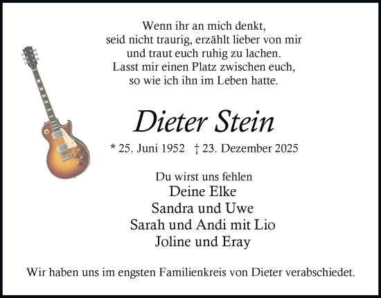 Traueranzeige von Dieter Stein von Tageszeitung