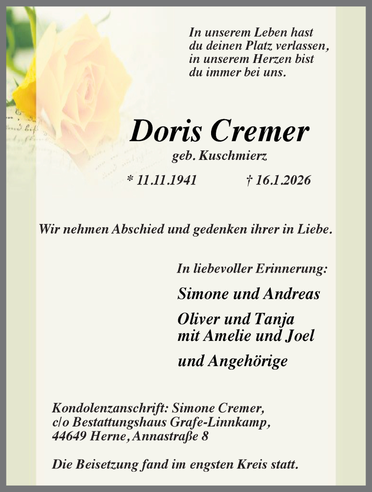  Traueranzeige für Doris Cremer vom 31.01.2026 aus Tageszeitung