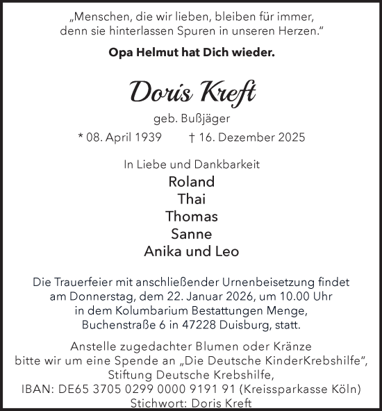 Traueranzeige von Doris Kreft von Tageszeitung