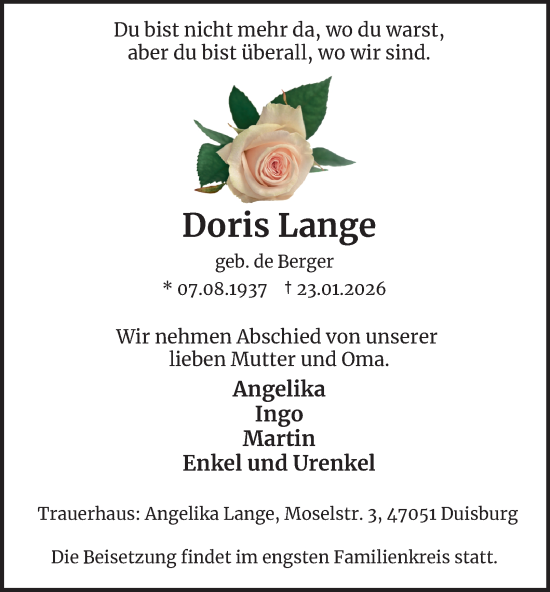 Traueranzeige von Doris Lange von Tageszeitung