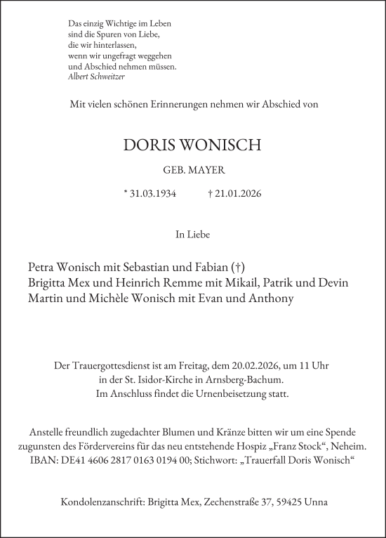 Traueranzeige von Doris Wonisch von Tageszeitung