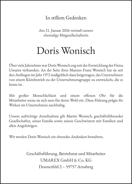 Traueranzeige von Doris Wonisch von Tageszeitung