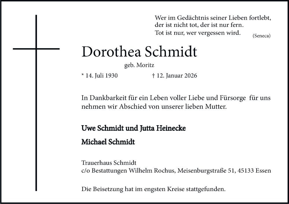  Traueranzeige für Dorothea Schmidt vom 24.01.2026 aus Tageszeitung