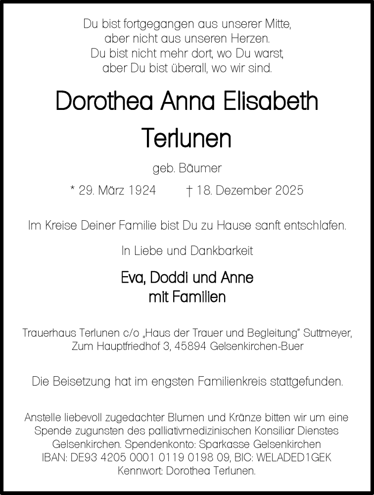  Traueranzeige für Dorothea Anna Elisabeth Terlunen vom 03.01.2026 aus Tageszeitung