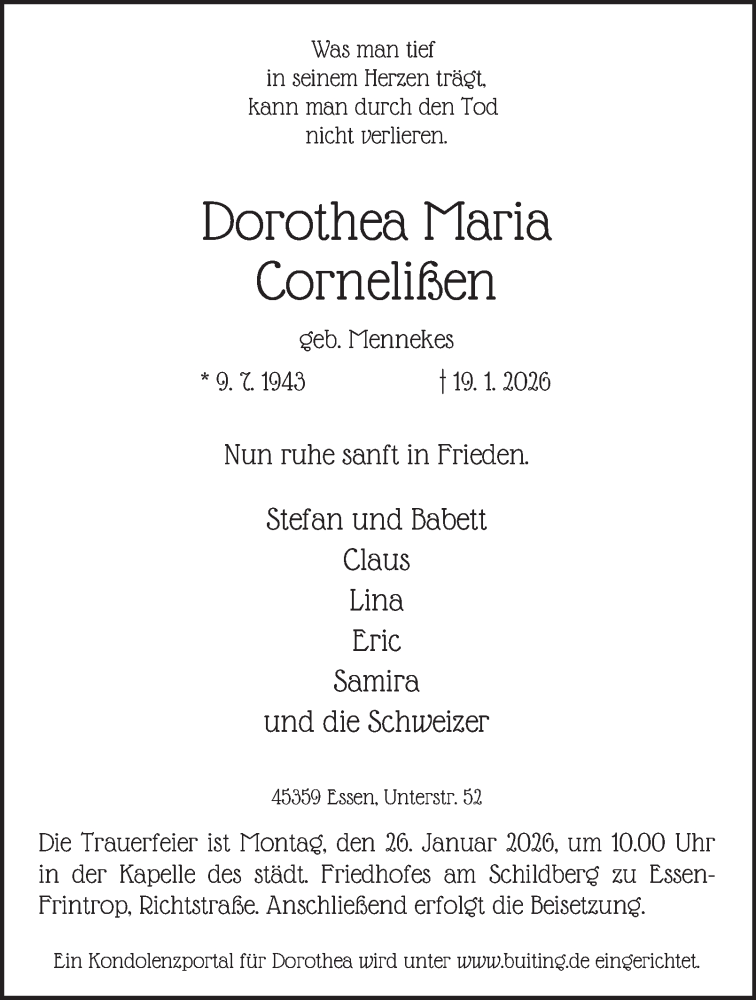  Traueranzeige für Dorothea Maria Cornelißen vom 24.01.2026 aus Tageszeitung