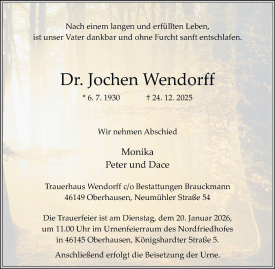 Traueranzeige von Dr. Jochen Wendorff von Tageszeitung