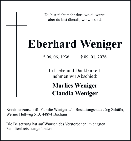 Traueranzeige von Eberhard Weniger von Tageszeitung
