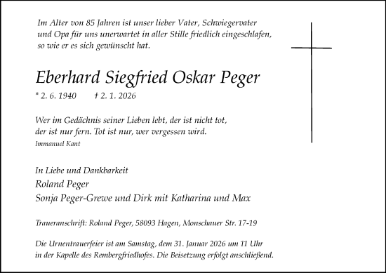 Traueranzeige von Eberhard Siegfried Oskar Peger von Tageszeitung