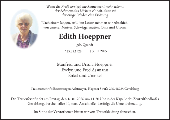 Traueranzeige von Edith Hoeppner von Tageszeitung