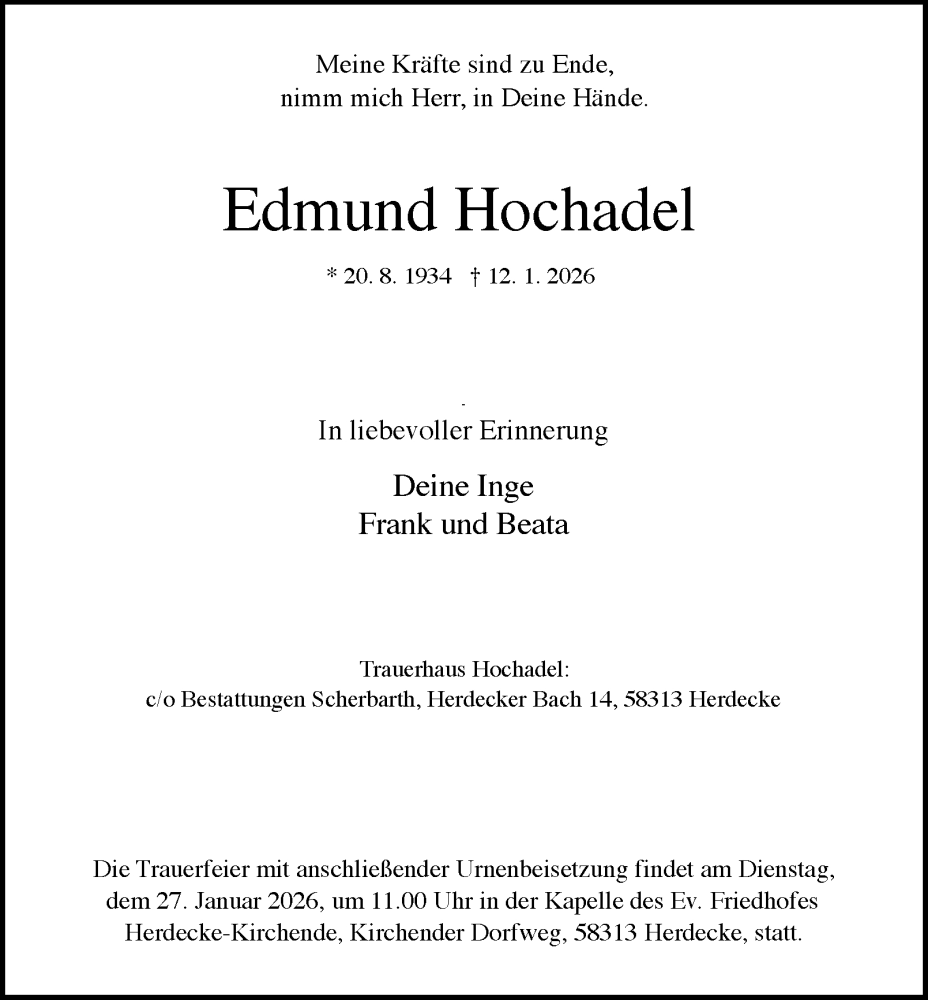  Traueranzeige für Edmund Hochadel vom 24.01.2026 aus Tageszeitung