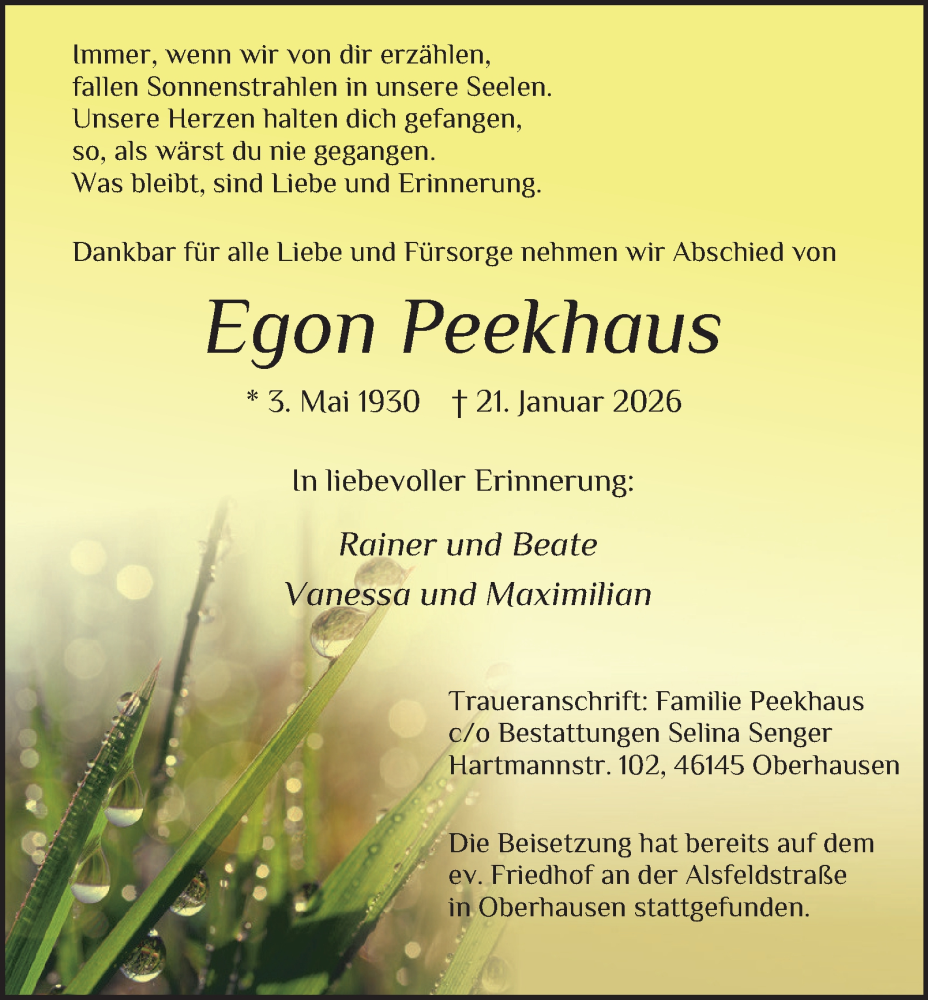  Traueranzeige für Egon Peekhaus vom 31.01.2026 aus Tageszeitung