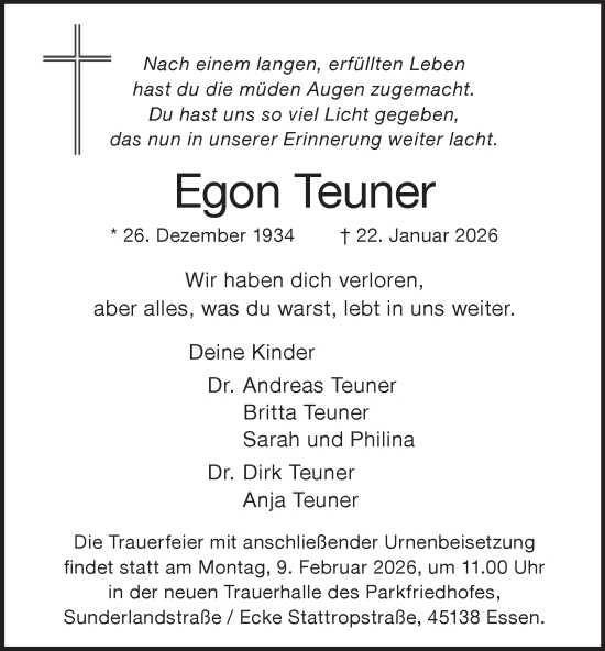 Traueranzeige von Egon Teuner von Tageszeitung