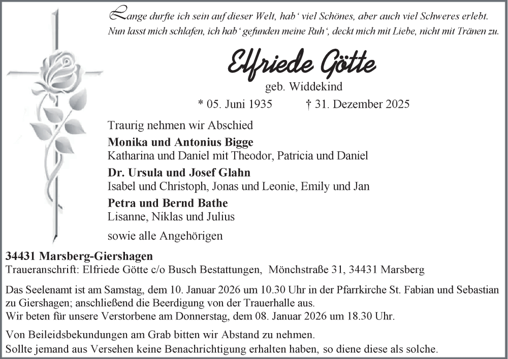  Traueranzeige für Elfriede Götte vom 07.01.2026 aus Tageszeitung