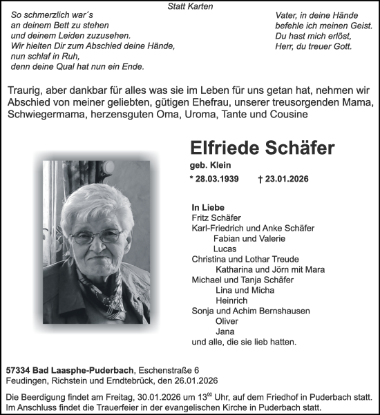 Traueranzeige von Elfriede Schäfer von Tageszeitung