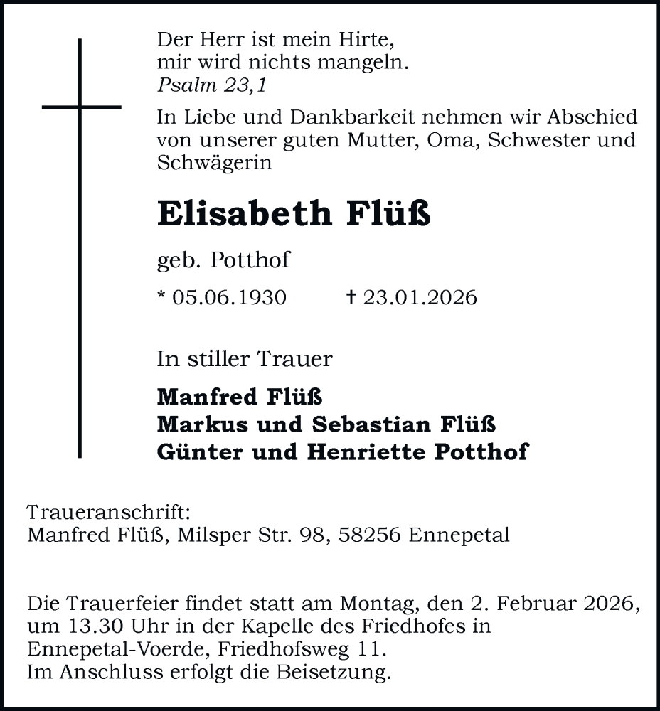  Traueranzeige für Elisabeth Flüß vom 28.01.2026 aus Tageszeitung