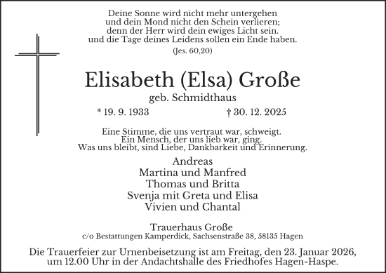 Traueranzeige von Elisabeth Große von Tageszeitung