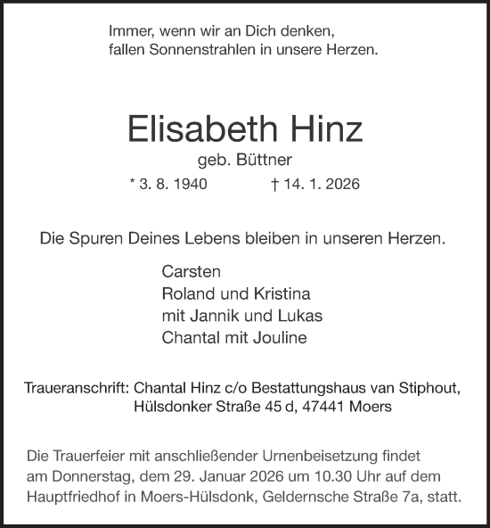 Traueranzeige von Elisabeth Hinz von Tageszeitung