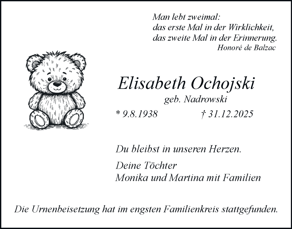  Traueranzeige für Elisabeth Ochojski vom 31.01.2026 aus Tageszeitung