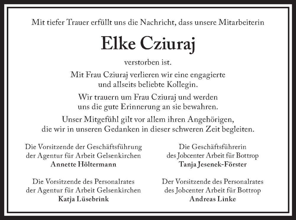  Traueranzeige für Elke Cziuraj vom 17.01.2026 aus Tageszeitung