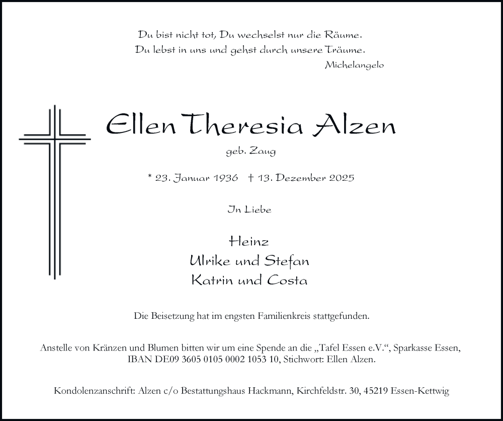  Traueranzeige für Ellen Theresia Alzen vom 10.01.2026 aus Tageszeitung
