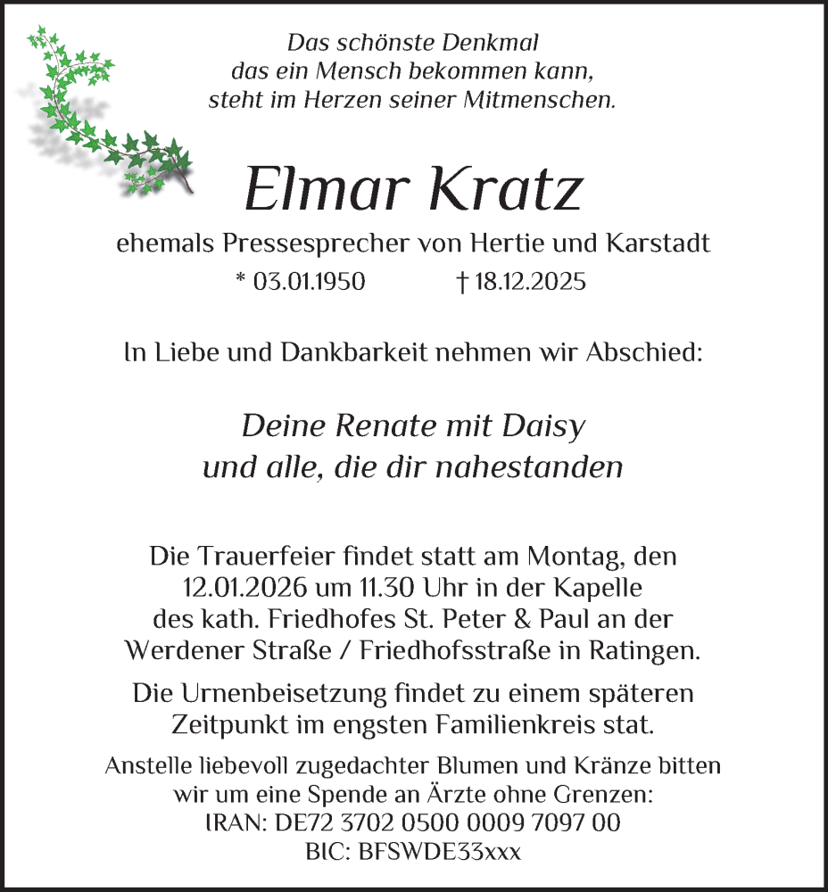  Traueranzeige für Elmar Kratz vom 03.01.2026 aus Tageszeitung