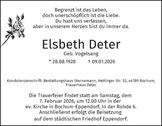 Traueranzeige von Elsbeth Deter von Tageszeitung