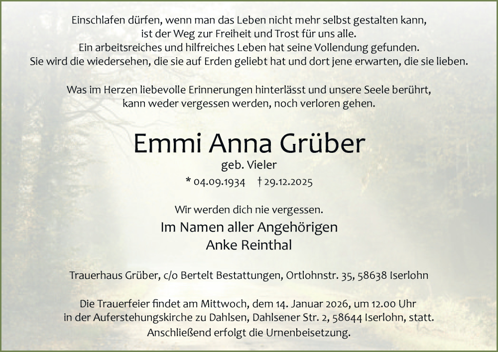  Traueranzeige für Emmi Anna Grüber vom 10.01.2026 aus Tageszeitung