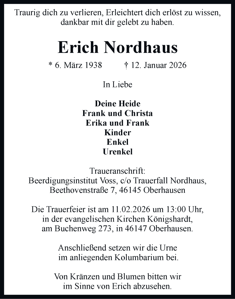  Traueranzeige für Erich Nordhaus vom 31.01.2026 aus Tageszeitung