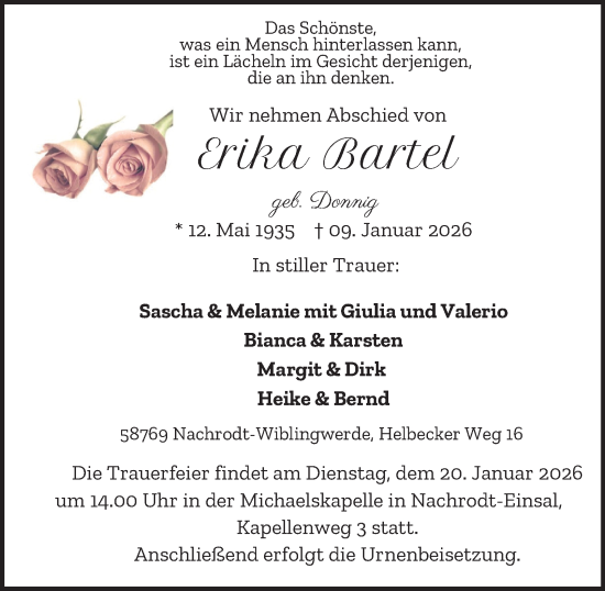 Traueranzeige von Erika Bartel von Tageszeitung