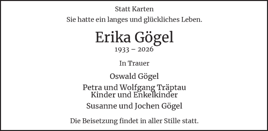 Traueranzeige von Erika Gögel von Tageszeitung