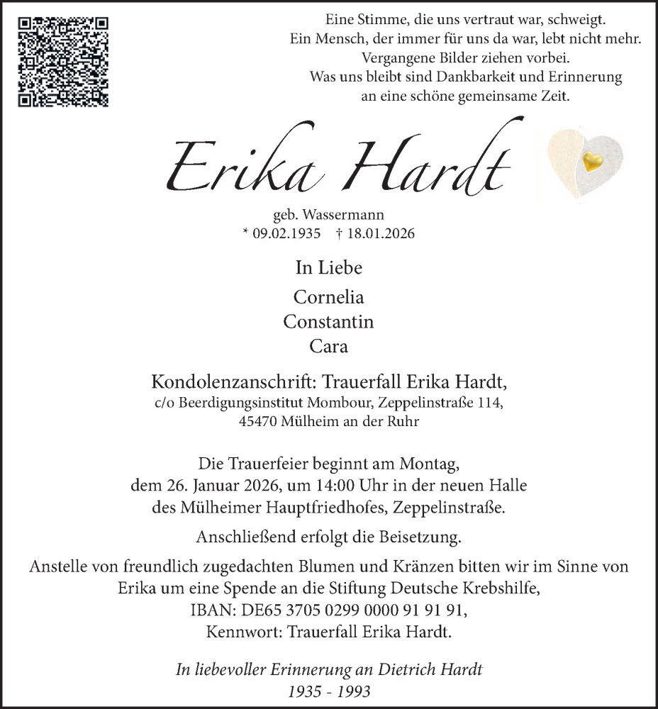 Traueranzeige für Erika Hardt vom 24.01.2026 aus Tageszeitung