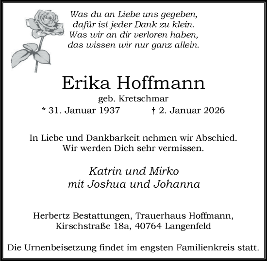 Traueranzeige von Erika Hoffmann von Tageszeitung