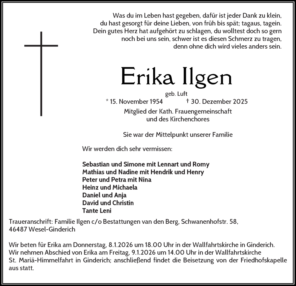  Traueranzeige für Erika Ilgen vom 07.01.2026 aus Tageszeitung