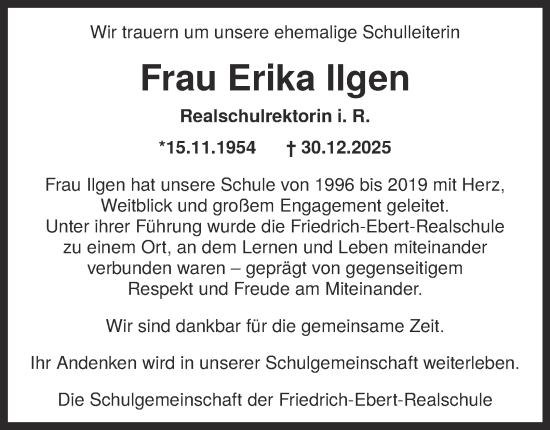 Traueranzeige von Erika Ilgen von Tageszeitung