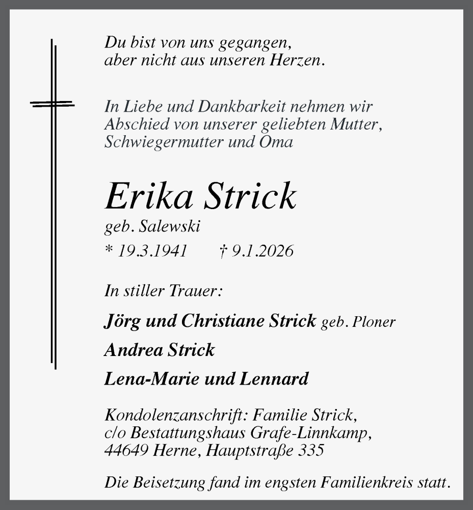  Traueranzeige für Erika Strick vom 24.01.2026 aus Tageszeitung