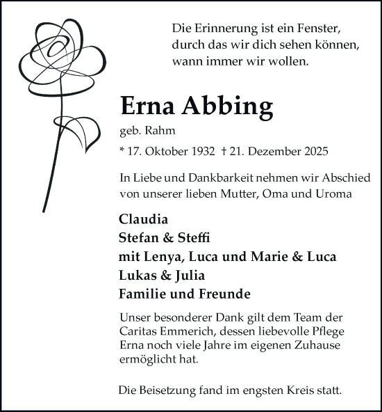 Traueranzeige von Erna Abbing von Tageszeitung