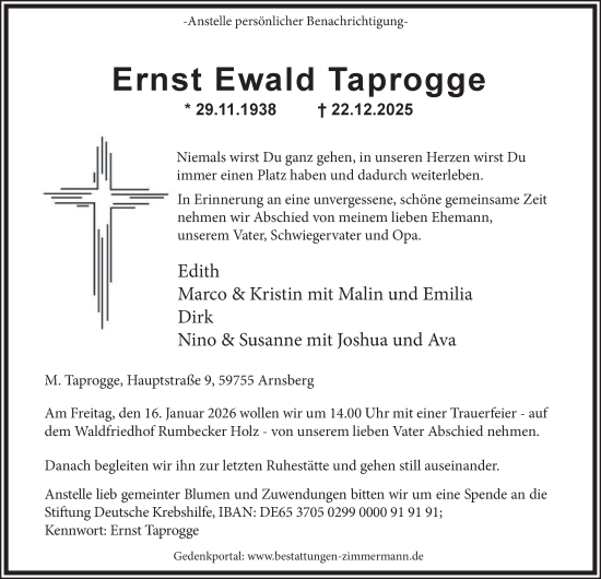 Traueranzeige von Ernst Ewald Taprogge von Tageszeitung