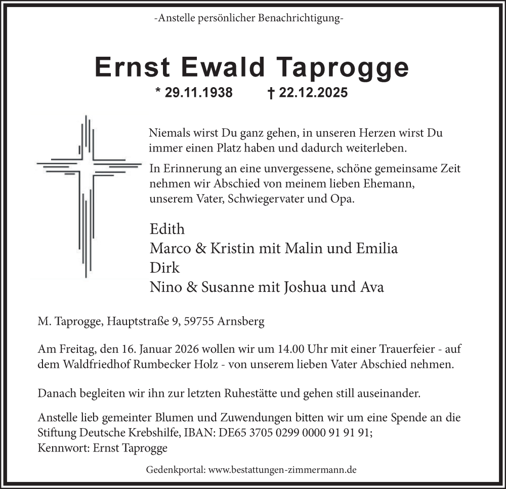  Traueranzeige für Ernst Ewald Taprogge vom 03.01.2026 aus Tageszeitung