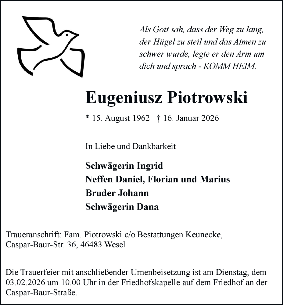  Traueranzeige für Eugeniusz Piotrowski vom 31.01.2026 aus Tageszeitung