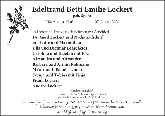 Traueranzeige von Edeltraud Betti Emilie Lockert von Tageszeitung