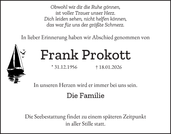 Traueranzeige von Frank Prokott von Tageszeitung