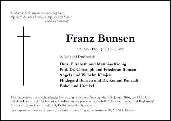 Traueranzeige von Franz Bunsen von Tageszeitung