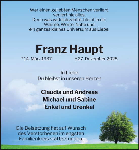 Traueranzeige von Franz Haupt von Tageszeitung