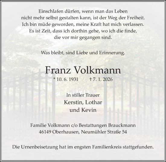 Traueranzeige von Franz Volkmann von Tageszeitung