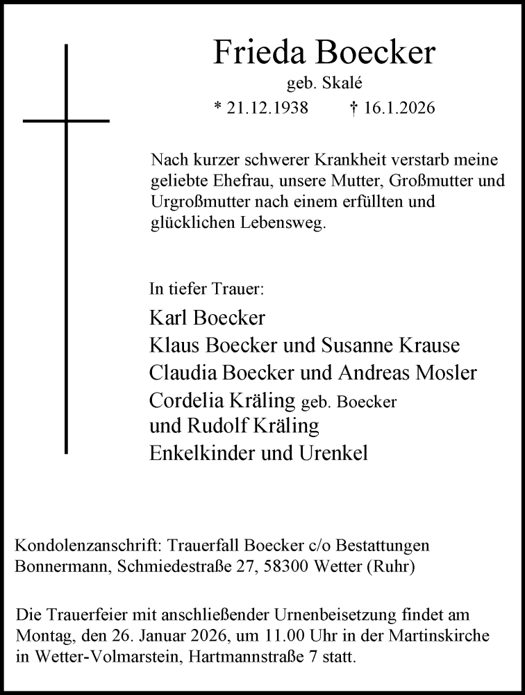  Traueranzeige für Frieda Boecker vom 22.01.2026 aus Tageszeitung