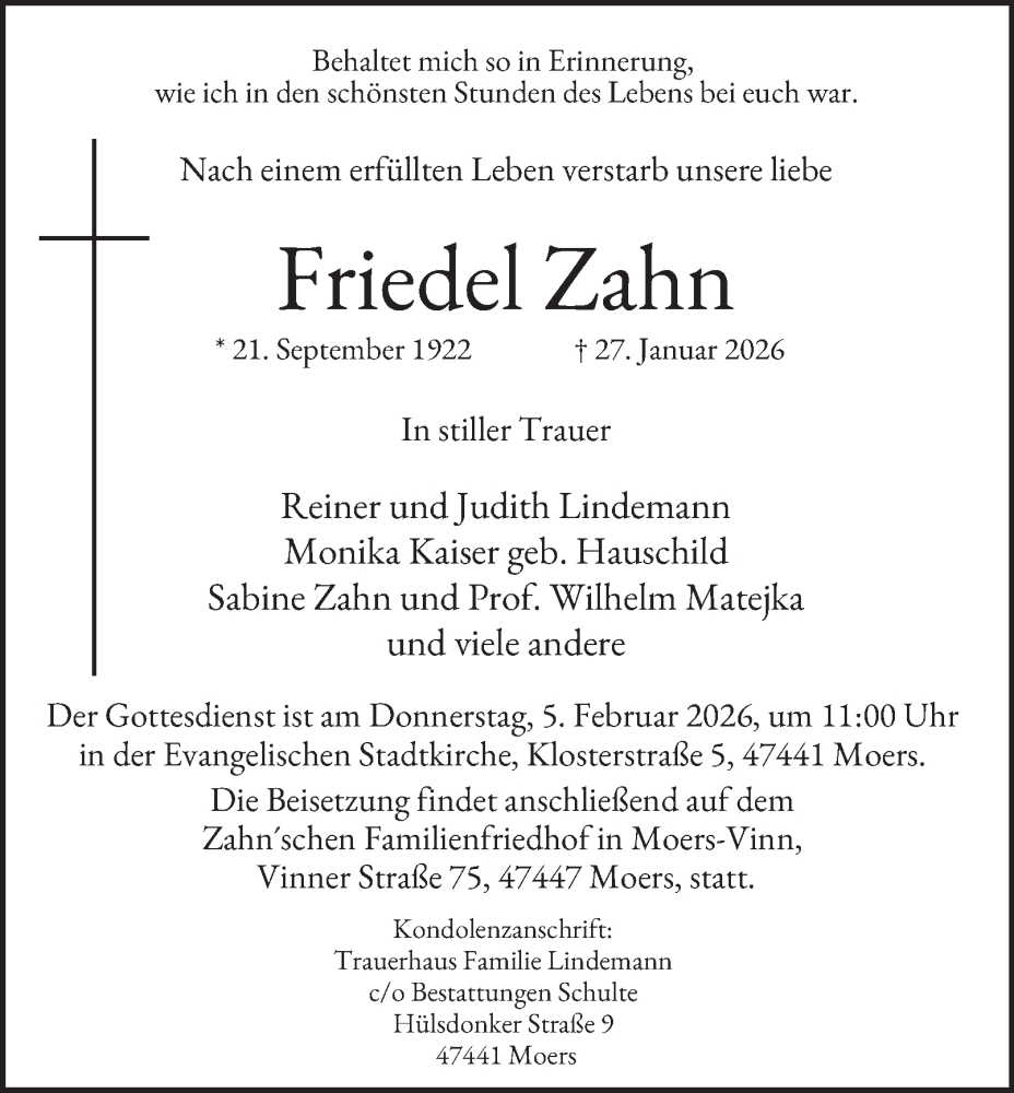  Traueranzeige für Friedel Zahn vom 31.01.2026 aus Tageszeitung